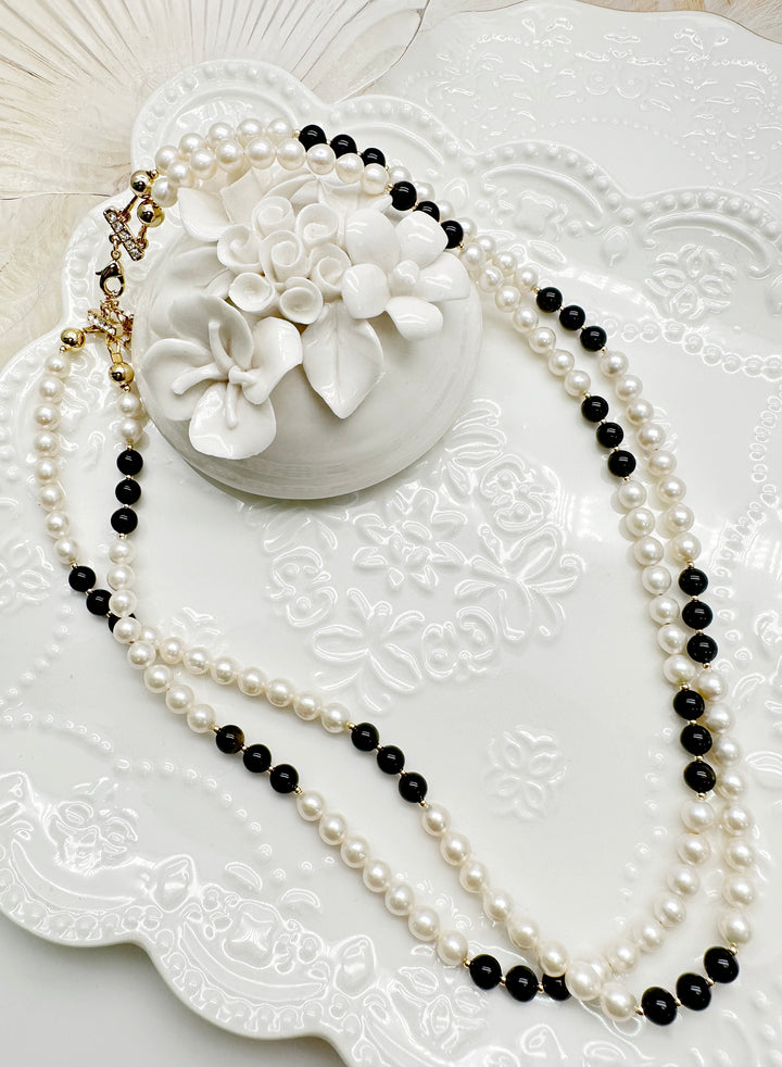 Freshwater Pearls with Black Obsidian Double Layers Necklace KN055 - FARRA