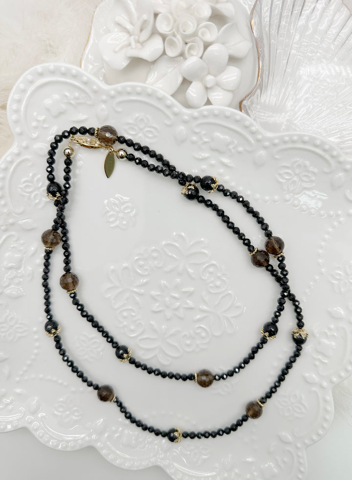 Black Obsidian And Smoky Multi-Way Necklace KN054 - FARRA