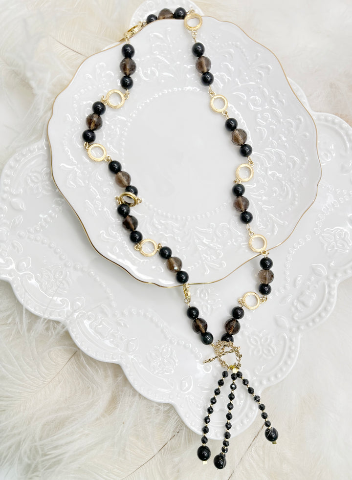 Y Shape Black Obsidian & Smoky Quartz Fringe Necklace KN053 - FARRA