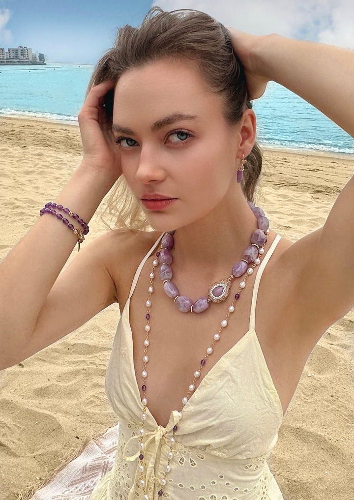 Freshwater Pearls With Purple Amethyst Long Necklace LN022 - FARRA