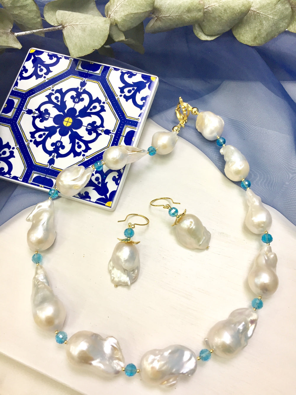 Baroque Pearls with Blue Crystals Necklace DN224 - FARRA
