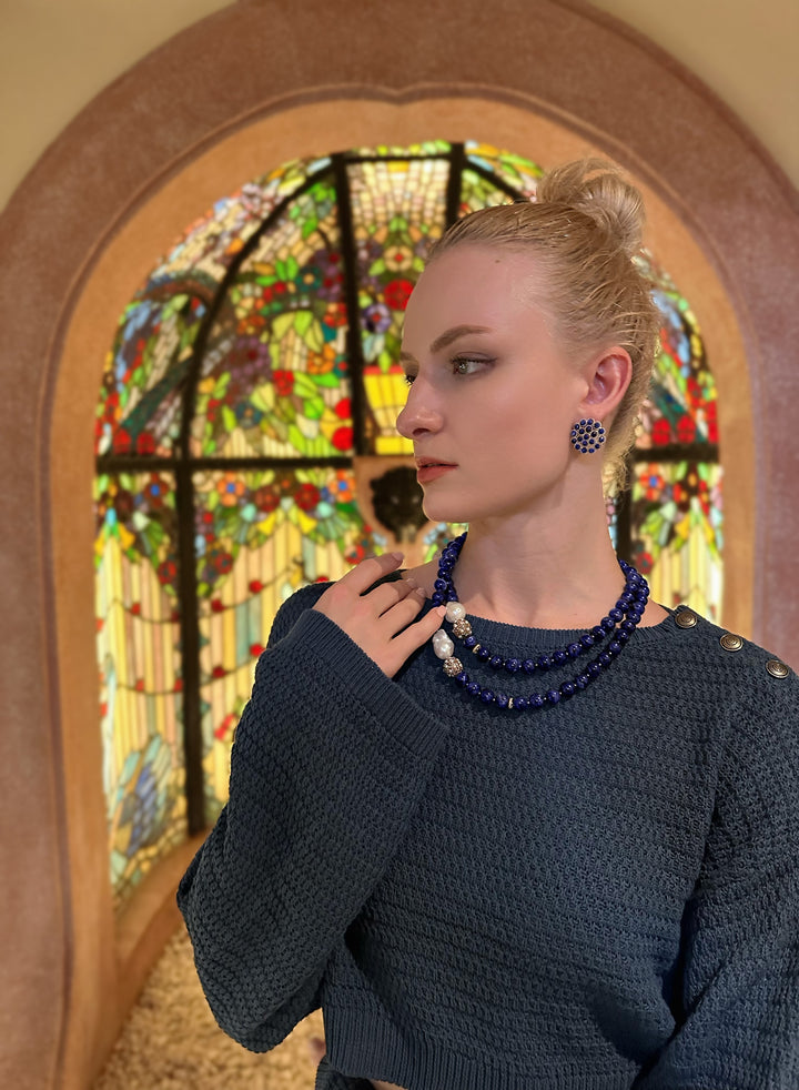 Blue Sodalite With Baroque Pearl And Rhinestones Double Strands Necklace KN019 - FARRA