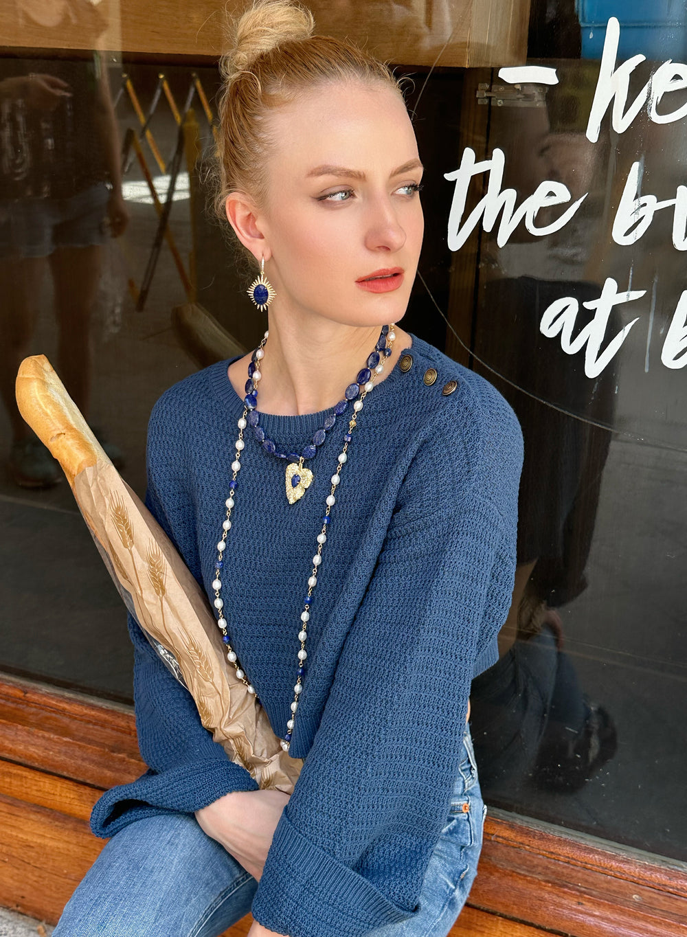 Oval Lapis With Leaf Pendant Necklace KN016 - FARRA