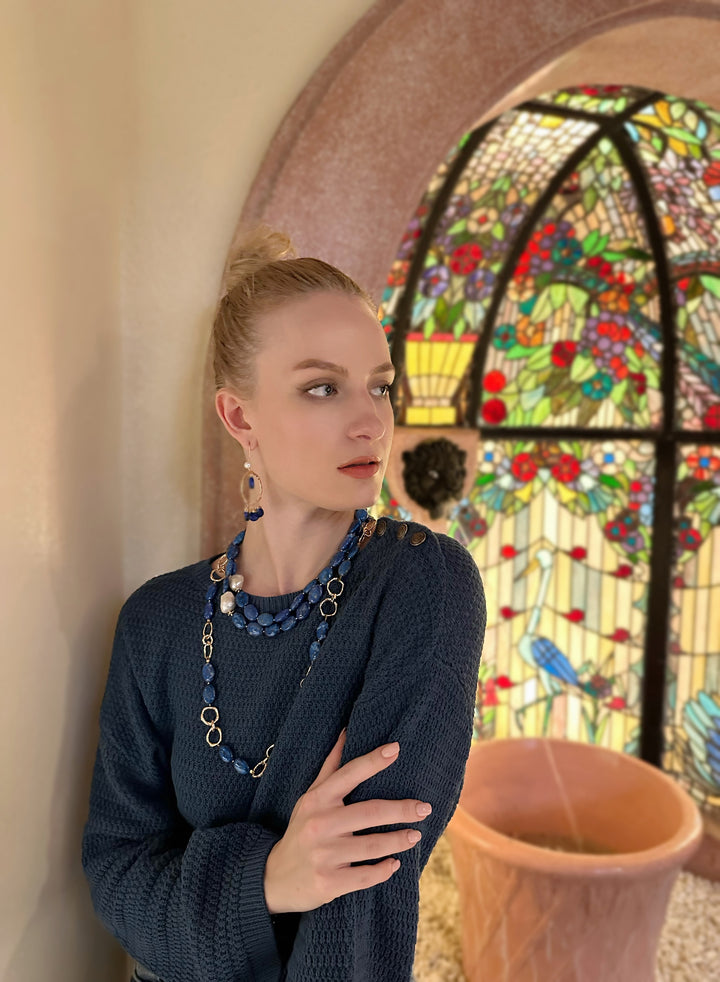 Bohemian Style Lapis with Freshwater Pearls Dangle Earrings KE010 - FARRA