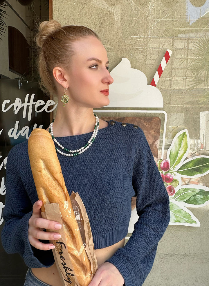 Freshwater Pearls With Malachite Color Blocking Necklace KN027 - FARRA