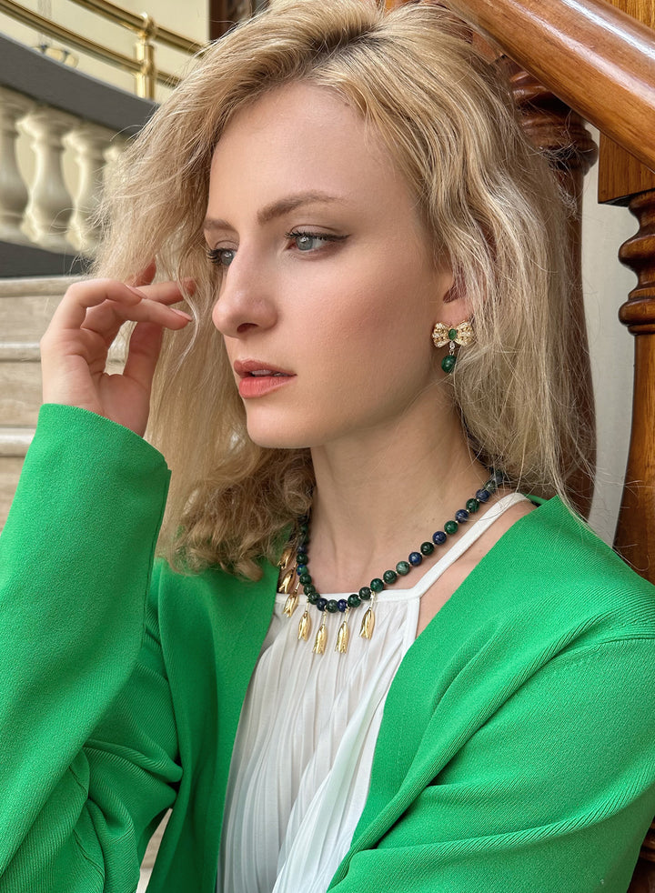 Bowknot With Malachite Dangle Earrings KE015 - FARRA