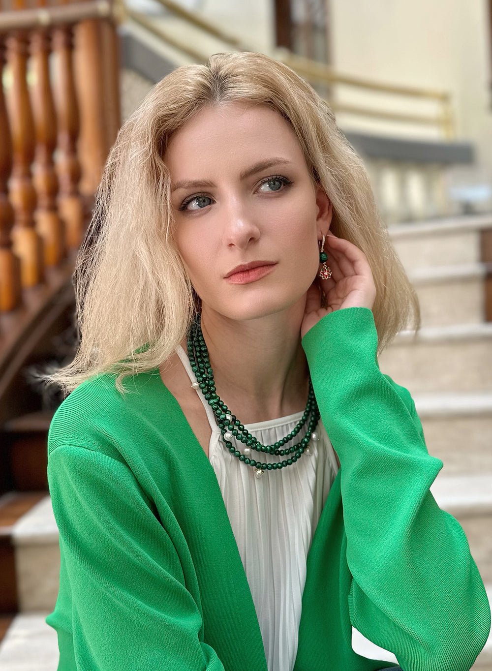 Malachite With X'mas Flower Dangle Earrings KE012 - FARRA