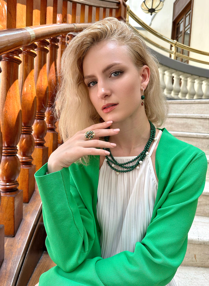 Malachite & Freshwater Pearls Triple Strands Necklace KN028 - FARRA
