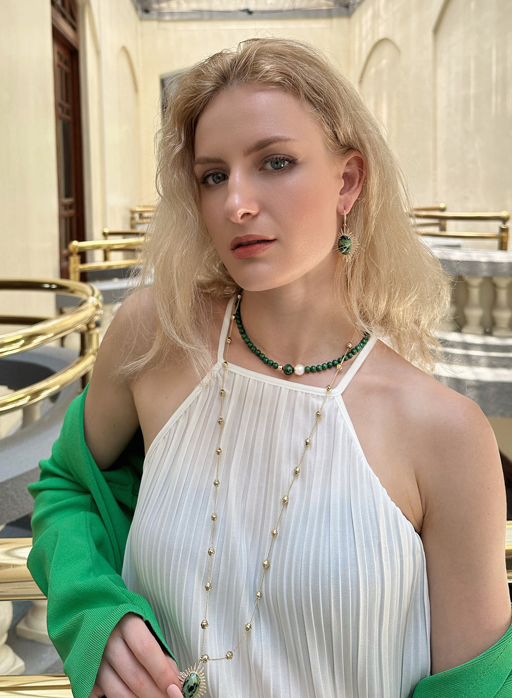 Round Malachite & Freshwater Pearls Simple Necklace KN032 - FARRA