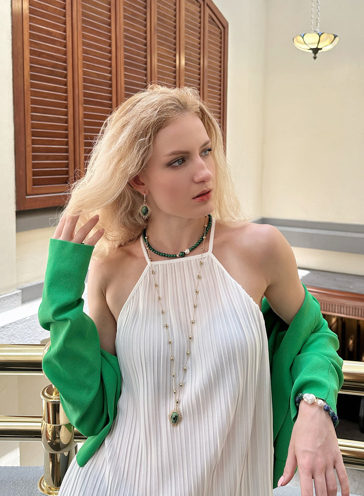 Round Malachite & Freshwater Pearls Simple Necklace KN032 - FARRA