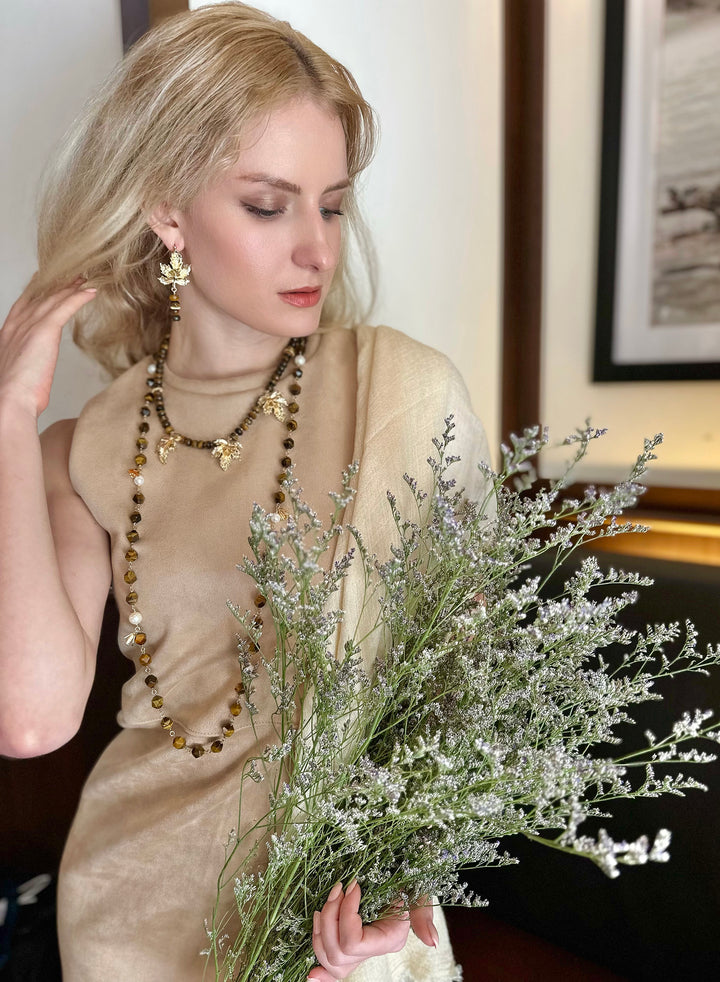 Tiger Eye With Freshwater Pearls Multi-way Chain Necklace KN039 - FARRA