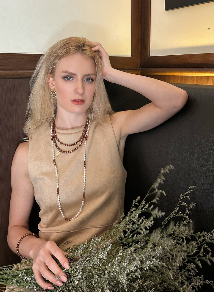 Freshwater Pearls With Orange Garnet Multi-Way Necklace KN036 - FARRA