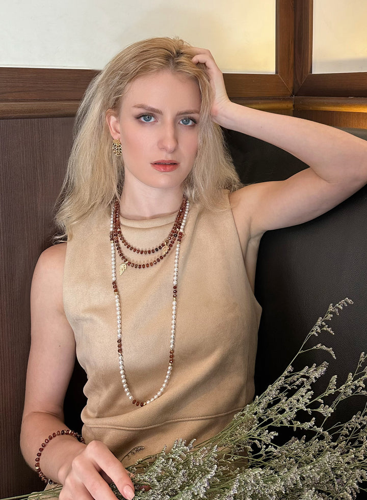 Freshwater Pearls With Orange Garnet Multi-Way Necklace KN036 - FARRA