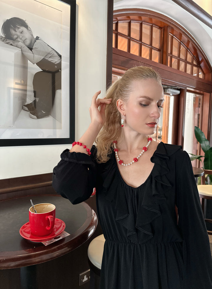 Freshwater Pearls With Red Bamboo Corals Short Necklace KN051 - FARRA