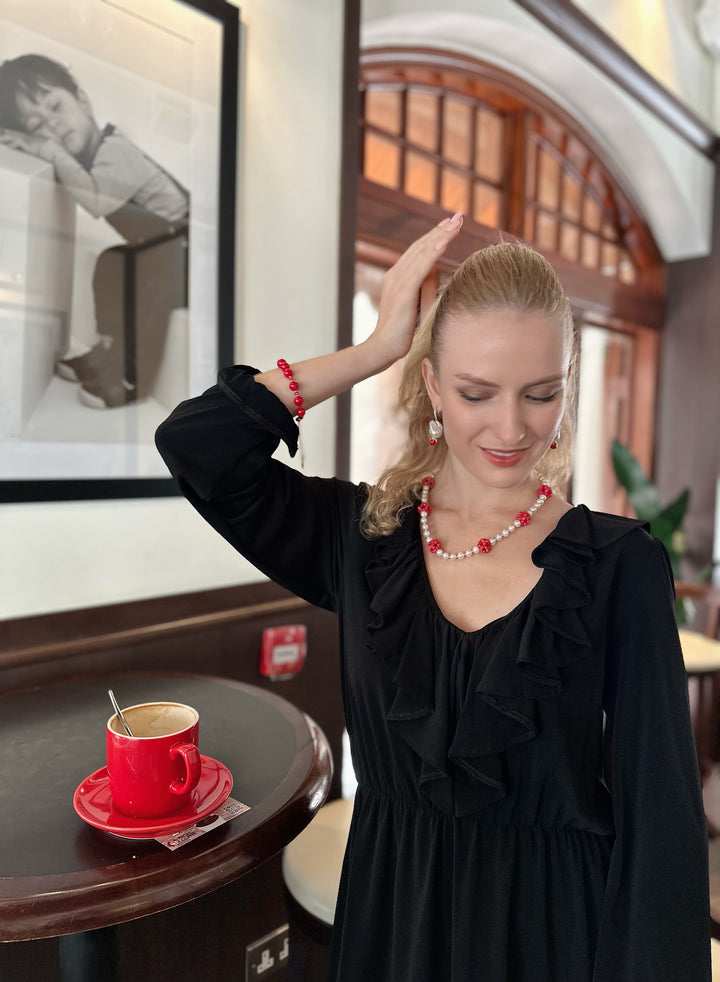 Freshwater Pearls With Red Bamboo Corals Short Necklace KN051 - FARRA