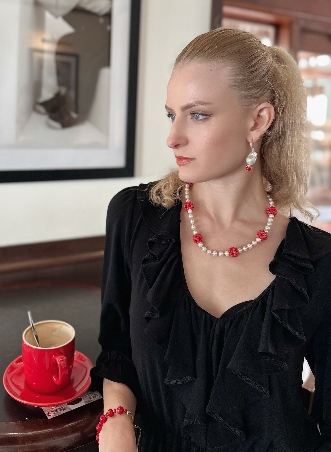 Freshwater Pearls With Red Bamboo Corals Short Necklace KN051 - FARRA