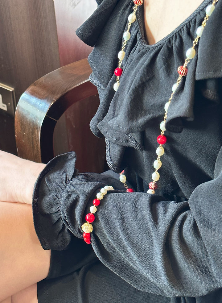 Freshwater Pearls With Red Bamboo Coral Multi-Way Chain Necklace KN049 - FARRA
