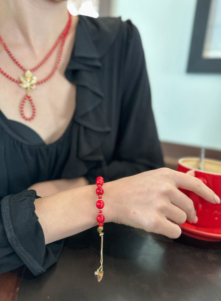 Y Shape Red Bamboo Corals Double Strands Necklace KN047 - FARRA