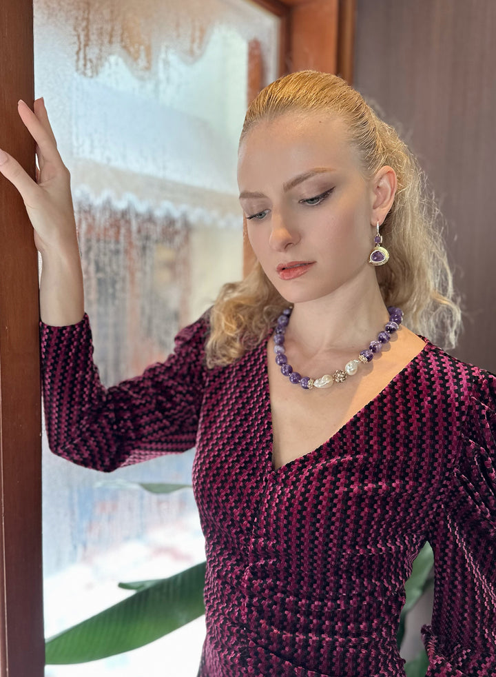 Amethyst With Baroque Pearl Statement Necklace KN046 - FARRA