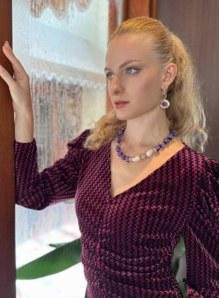 Amethyst With Baroque Pearl Statement Necklace KN046 - FARRA