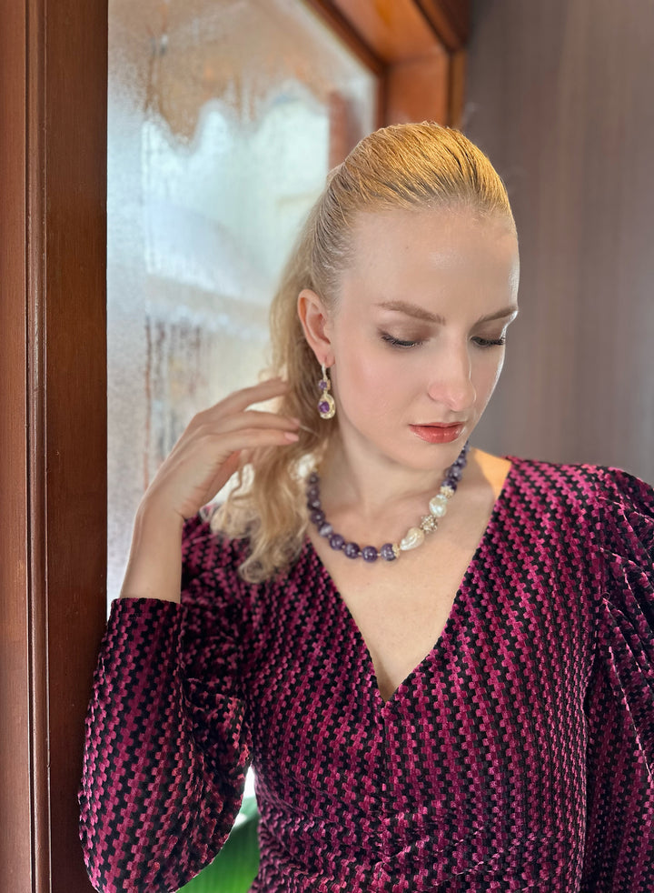 Amethyst With Baroque Pearl Statement Necklace KN046 - FARRA