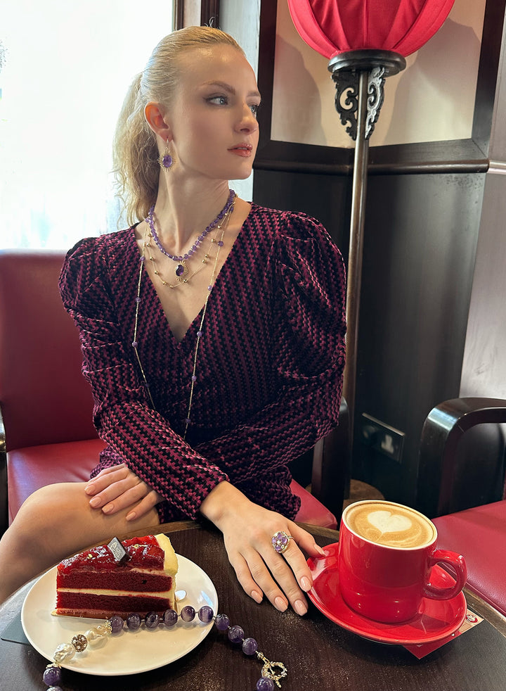 Bohemian Style Amethyst With Gold Chain Double Layers Necklace KN042 - FARRA