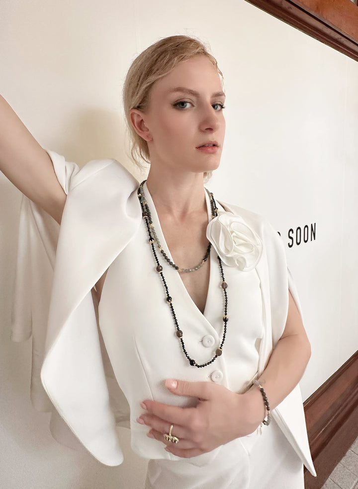 Black Obsidian And Smoky Multi-Way Necklace KN054 - FARRA