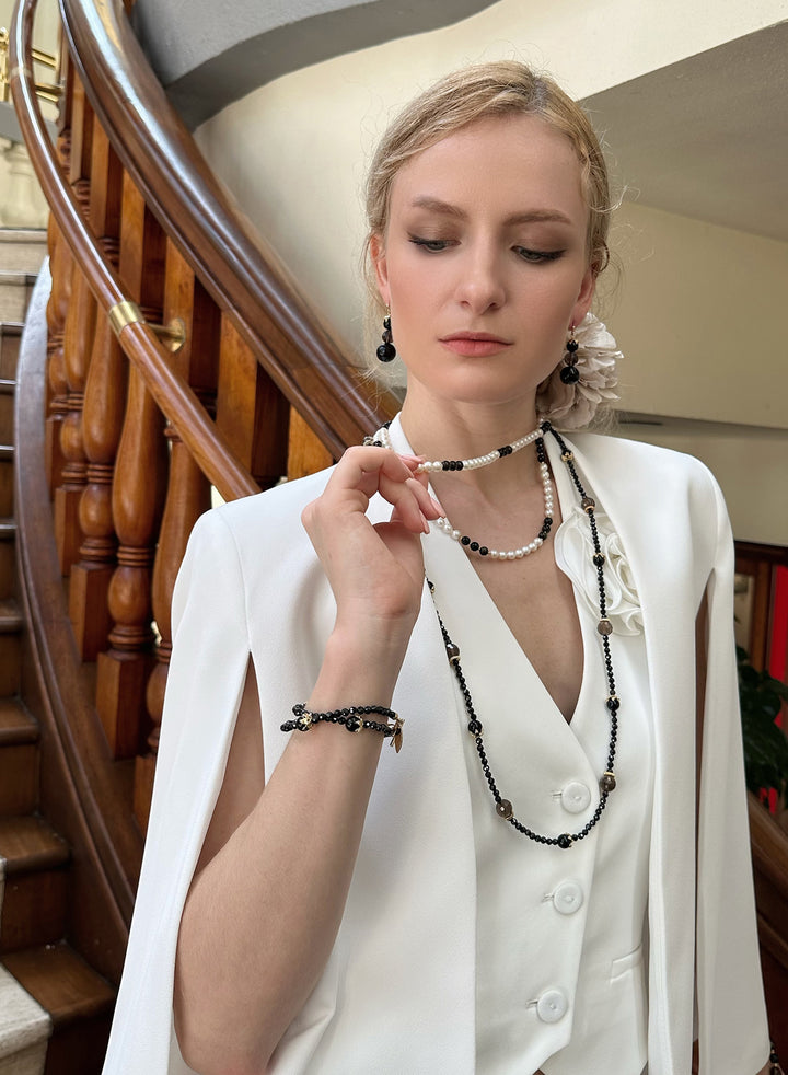 Freshwater Pearls with Black Obsidian Double Layers Necklace KN055 - FARRA