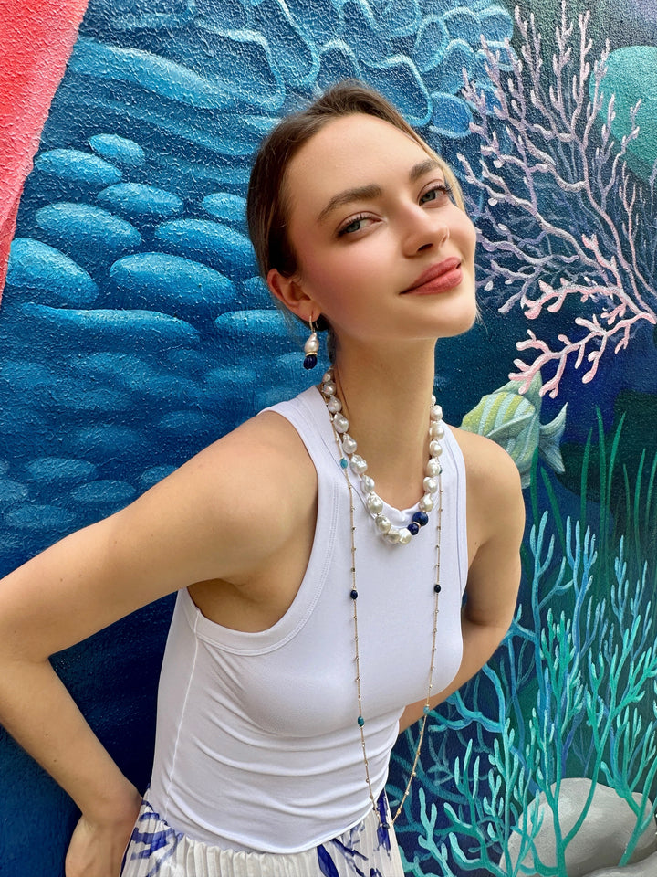 Baroque Pearls with Blue Lapis Chunky Necklace LN036 - FARRA