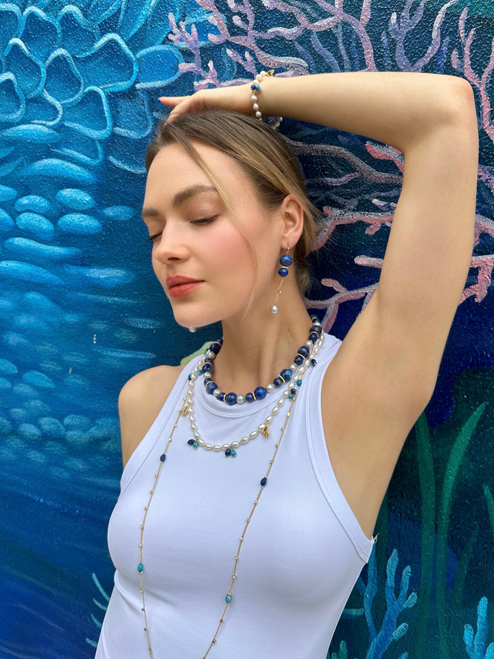 Gold Chain with Blue Gemstone Long Necklace LN032 - FARRA