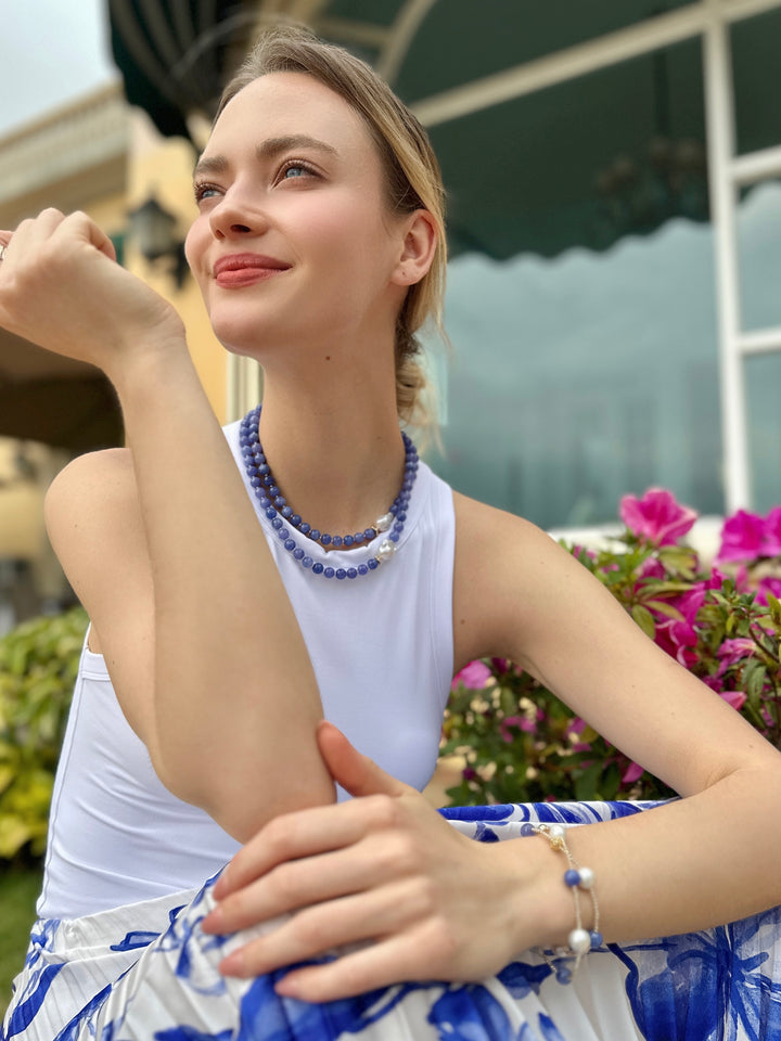 Introducing our versatile Blue Jade and Baroque Pearls Double Layer Bracelet LB010 - FARRA