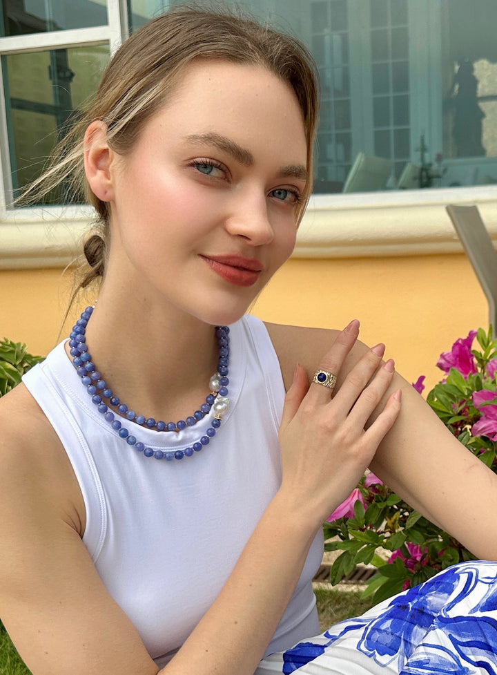Lapis Stone Platinum Plated Brass Adjustable Ring LR006 - FARRA