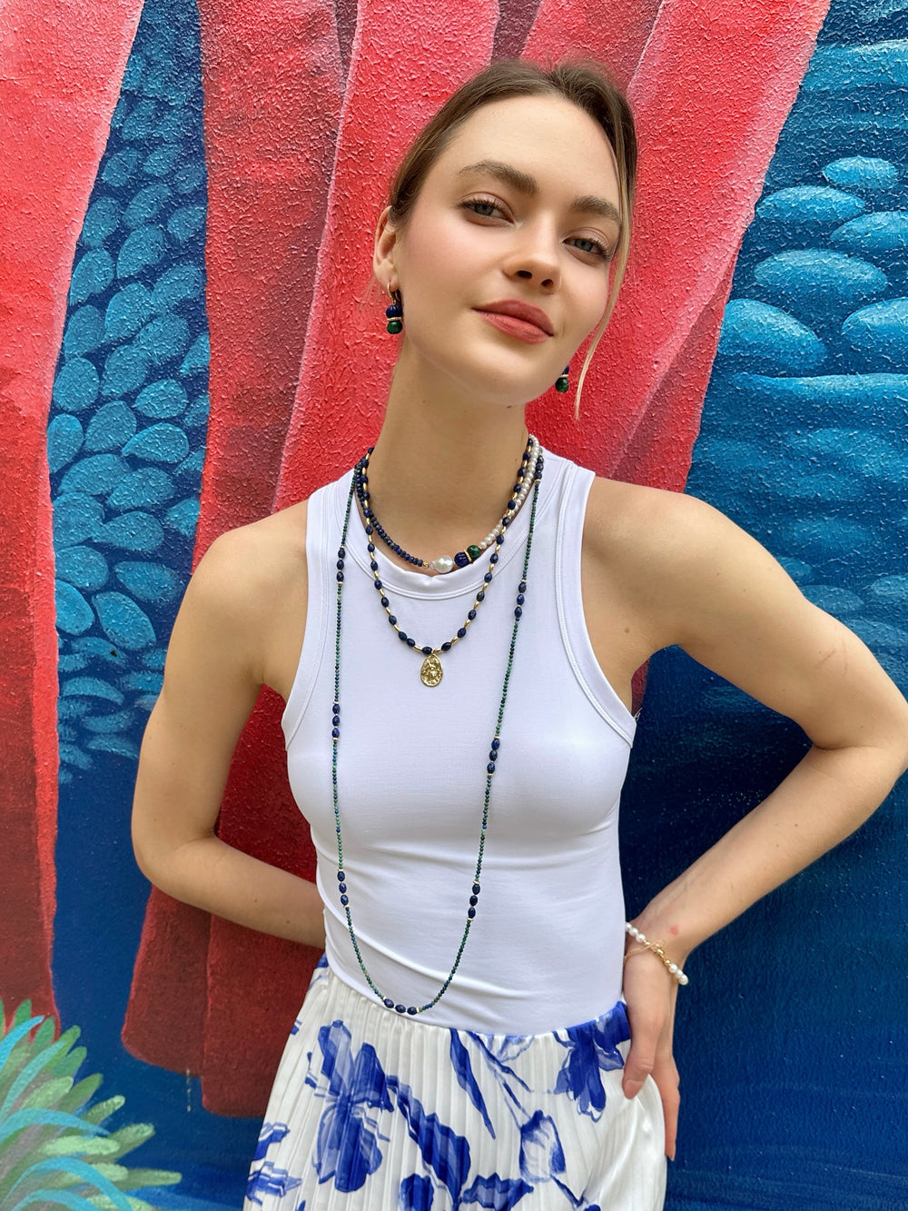 Blue Lapis Lazuli and Baroque Pearl Statement Necklace/ Choker LN028 - FARRA