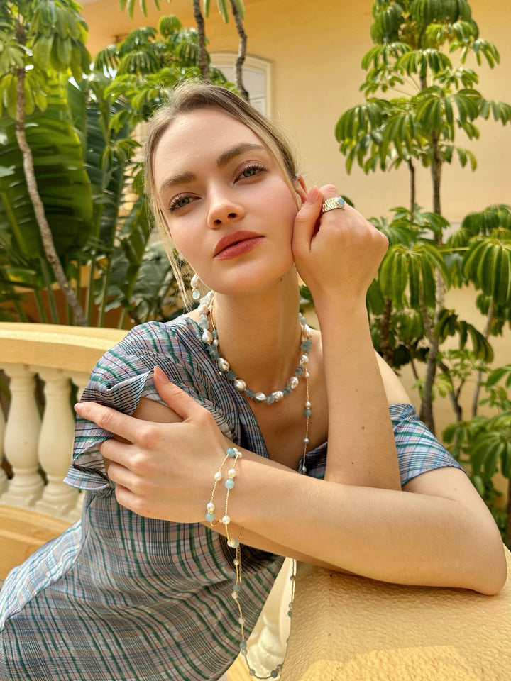 Aquamarine With Baroque Pearls Double Layer Bracelet / Choker LB007 - FARRA