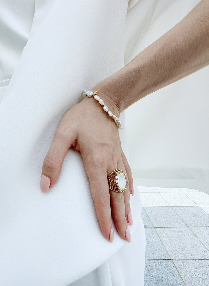 Coin Shaped Freshwater Pearl Open Ring KR001 - FARRA