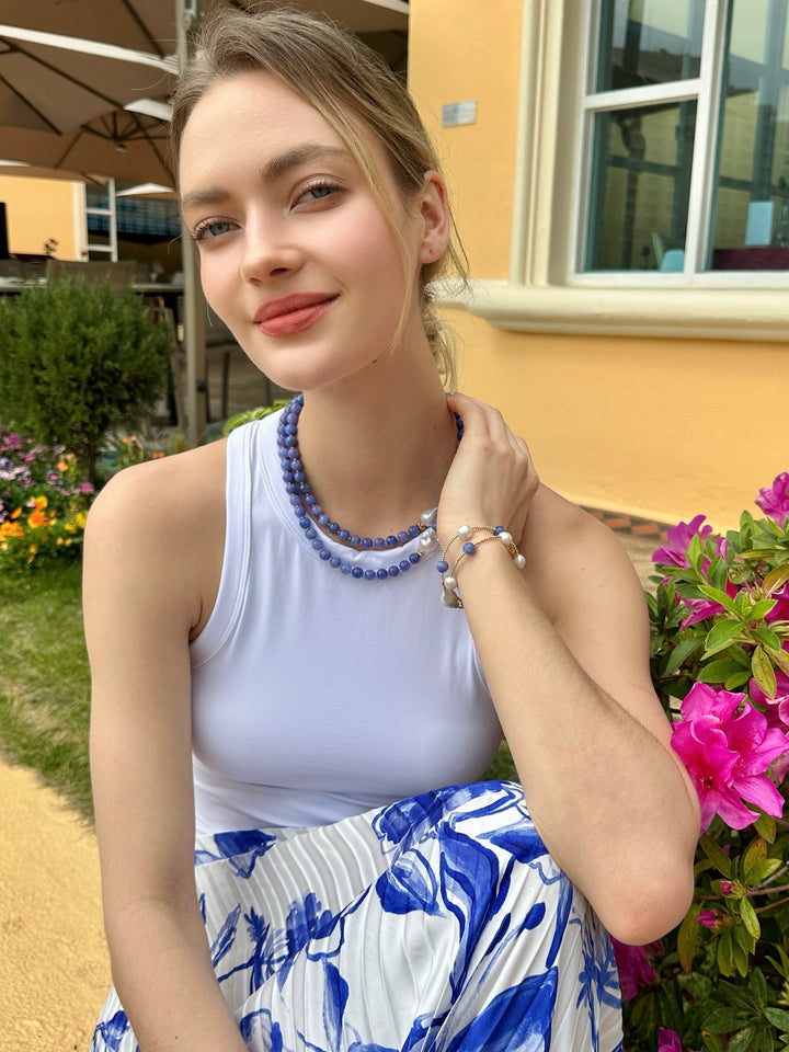 Introducing our versatile Blue Jade and Baroque Pearls Double Layer Bracelet LB010 - FARRA