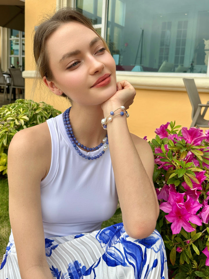 Introducing our versatile Blue Jade and Baroque Pearls Double Layer Bracelet LB010 - FARRA