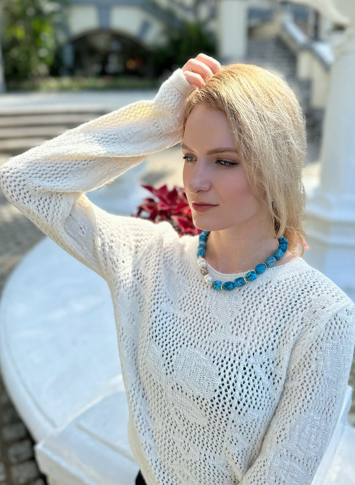 Blue Agate With Baroque Pearl Statement Necklace KN018 - FARRA