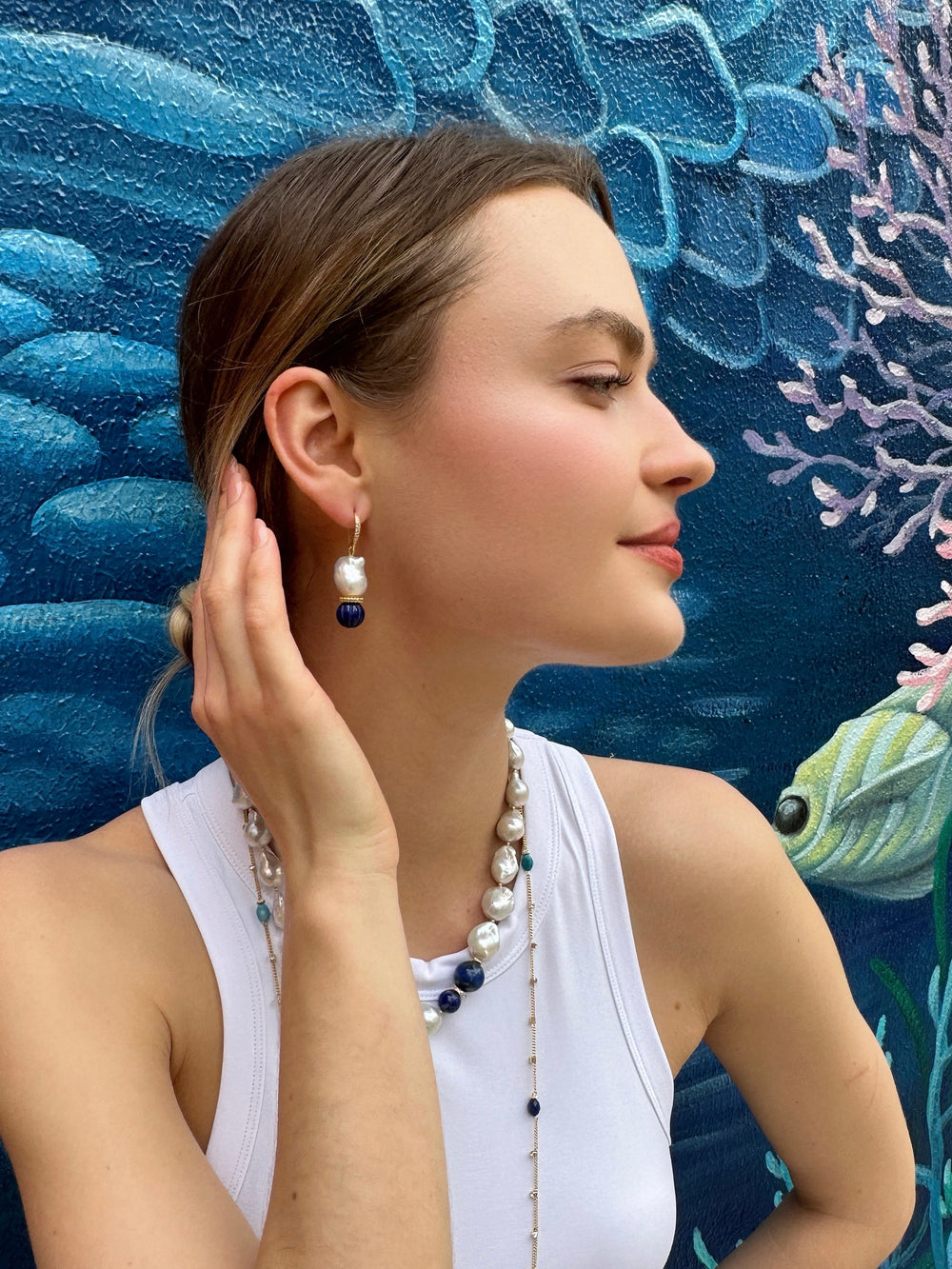 Classic Baroque Pearls with Pumpkin-Shaped Lapis Earrings LE024 - FARRA