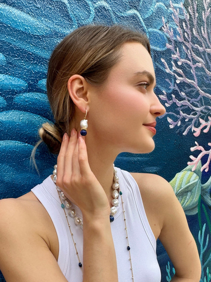 Classic Baroque Pearls with Pumpkin-Shaped Lapis Earrings LE024 - FARRA