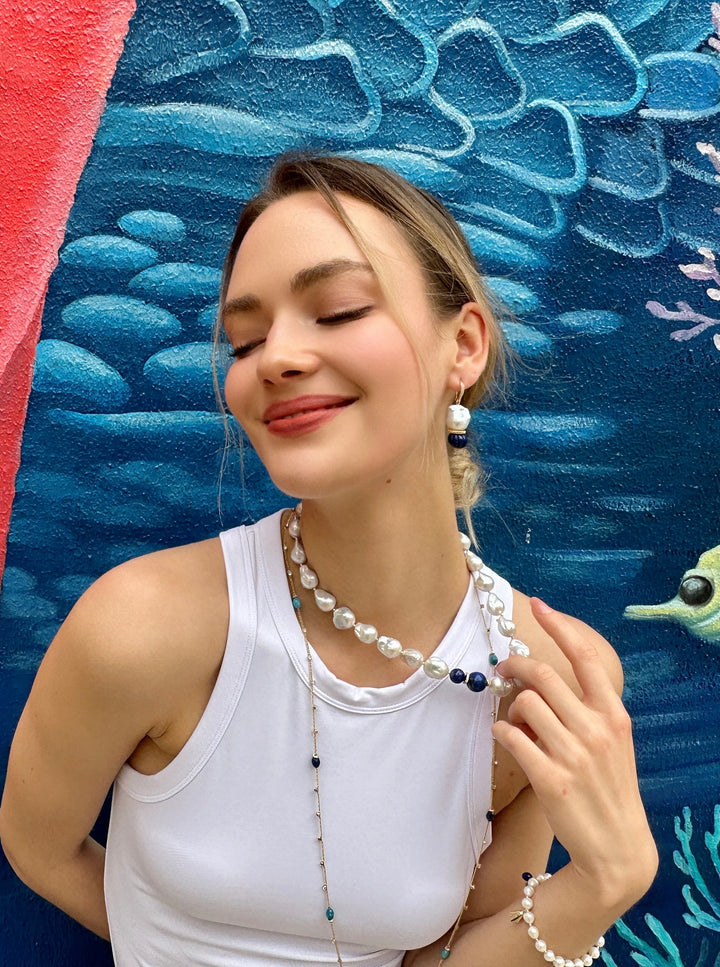 Baroque Pearls with Blue Lapis Chunky Necklace LN036 - FARRA
