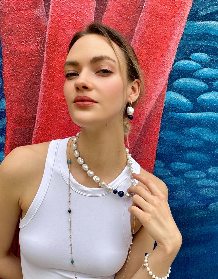 Baroque Pearls with Blue Lapis Chunky Necklace LN036 - FARRA