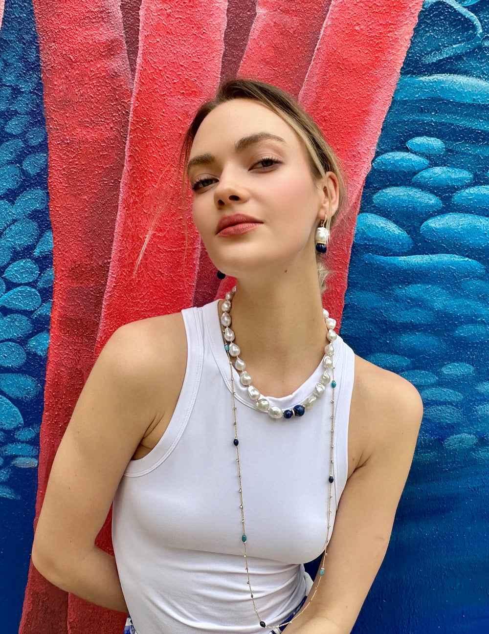 Baroque Pearls with Blue Lapis Chunky Necklace LN036 - FARRA