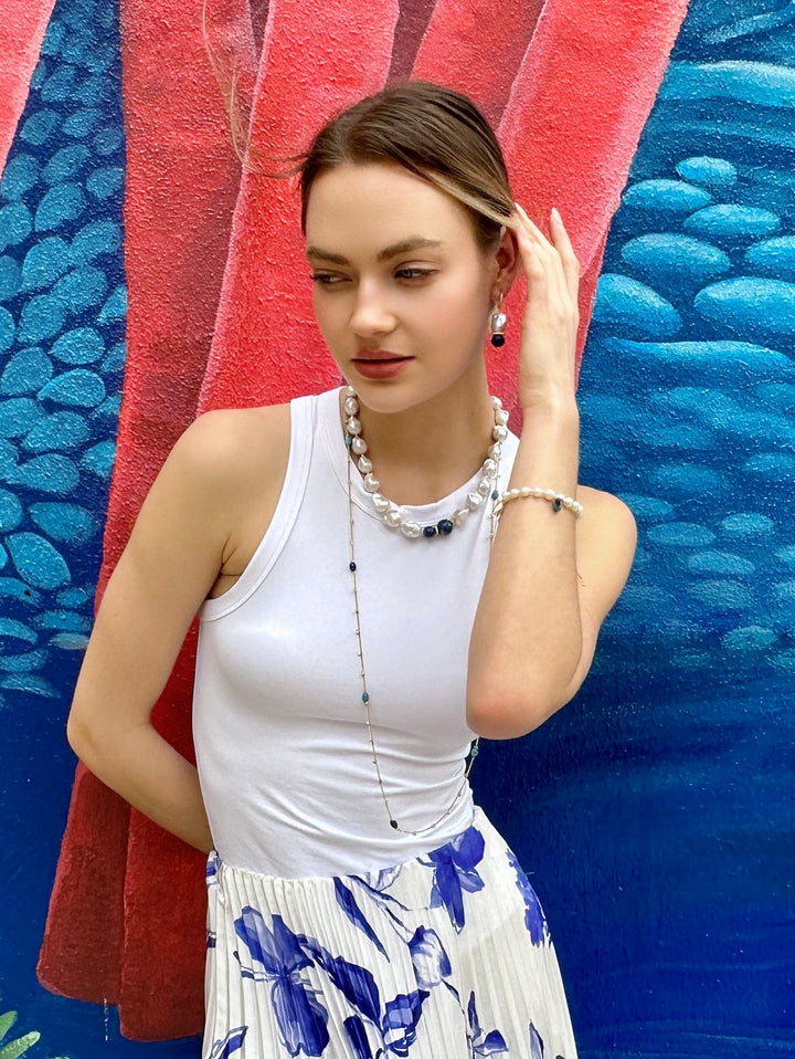 Baroque Pearls with Blue Lapis Chunky Necklace LN036 - FARRA