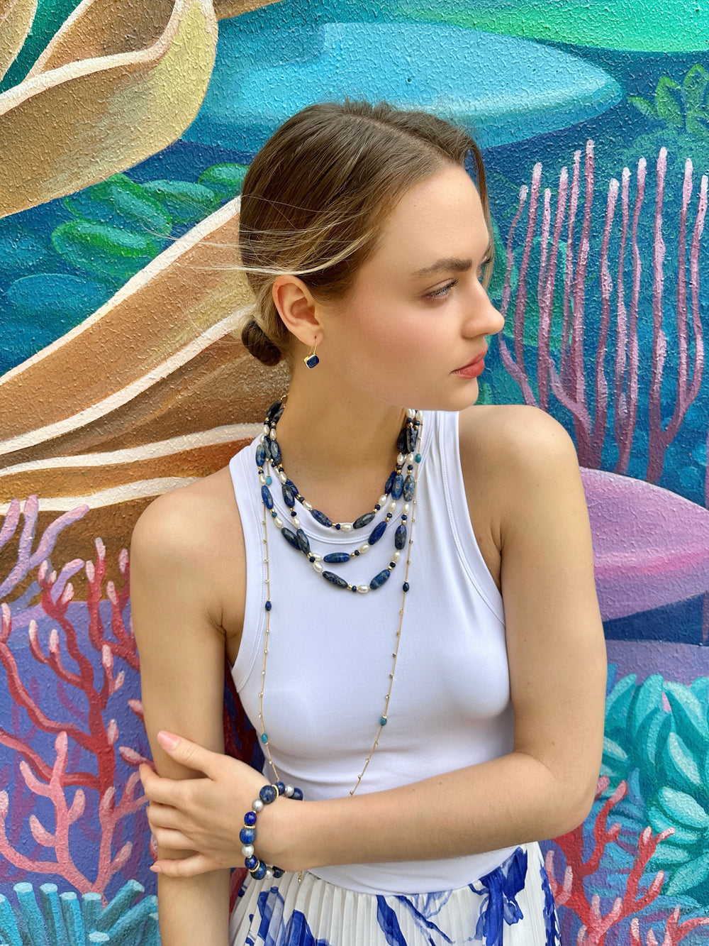 Blue Lapis with Freshwater Pearls Multi-Layers Necklace LN040 - FARRA