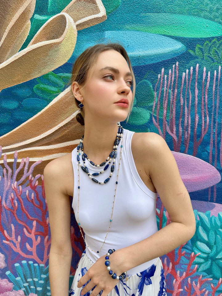 Blue Lapis with Freshwater Pearls Multi-Layers Necklace LN040 - FARRA