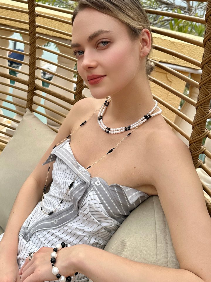 Freshwater Pearls with Black Obsidian and Zircon Stone Statement Collar Necklace LN070 - FARRA