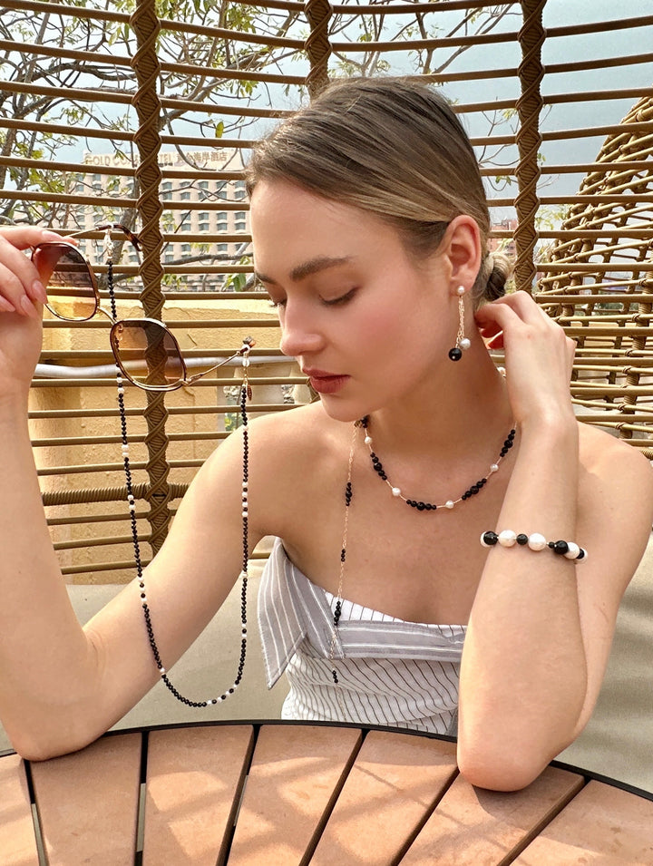 Black Obsidian and Gray Freshwater Pearls Drop Earrings LE044 - FARRA