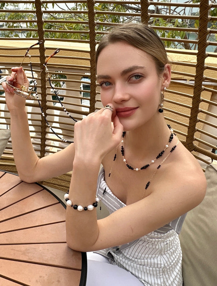 Exquisite Black Obsidian and White Freshwater Pearls Necklace LN071 - FARRA