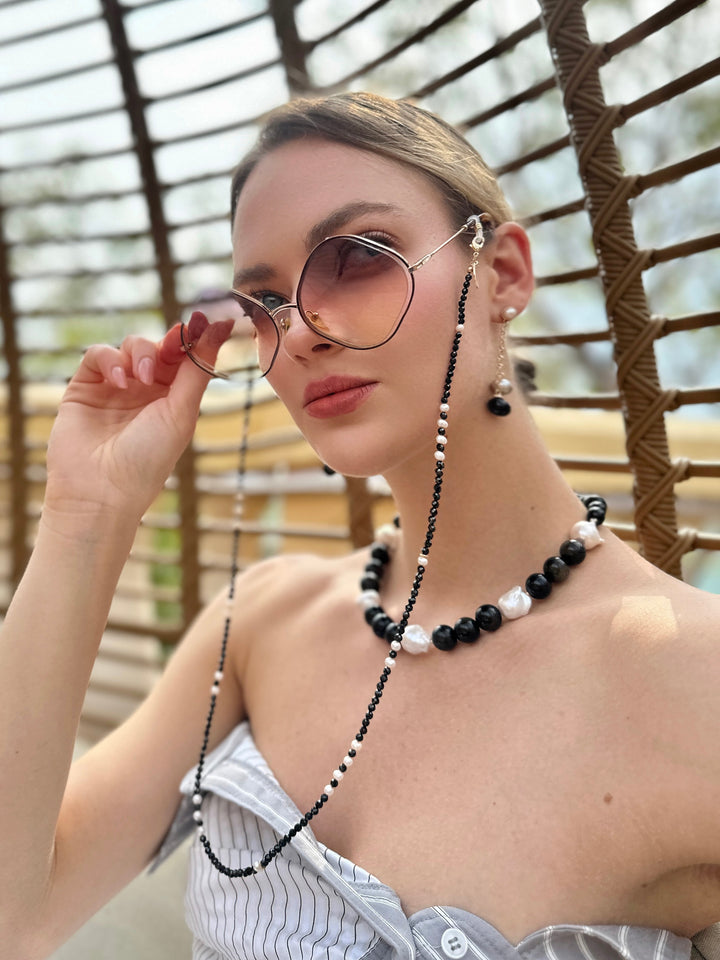 Timeless Nugget Black Obsidian with Baroque Pearls Chunky Necklace LN067 - FARRA